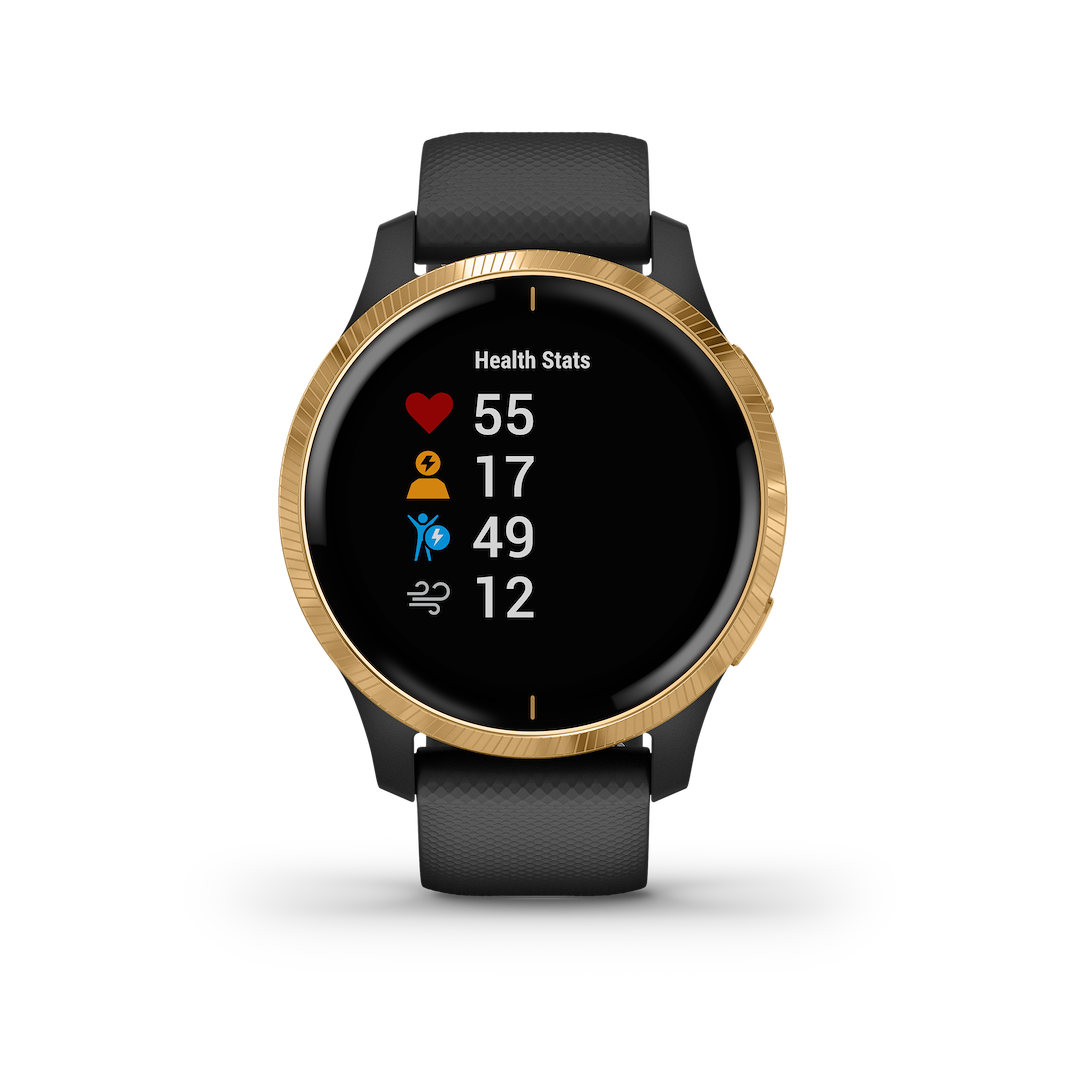 Garmin Noh GPS Watch, Venu® Noh, Sports Watch, 1.2 Inch Color Amoled Display, Black/ Gold Bezel, 5 Atm Rating Waterproof – 010-N2173-31