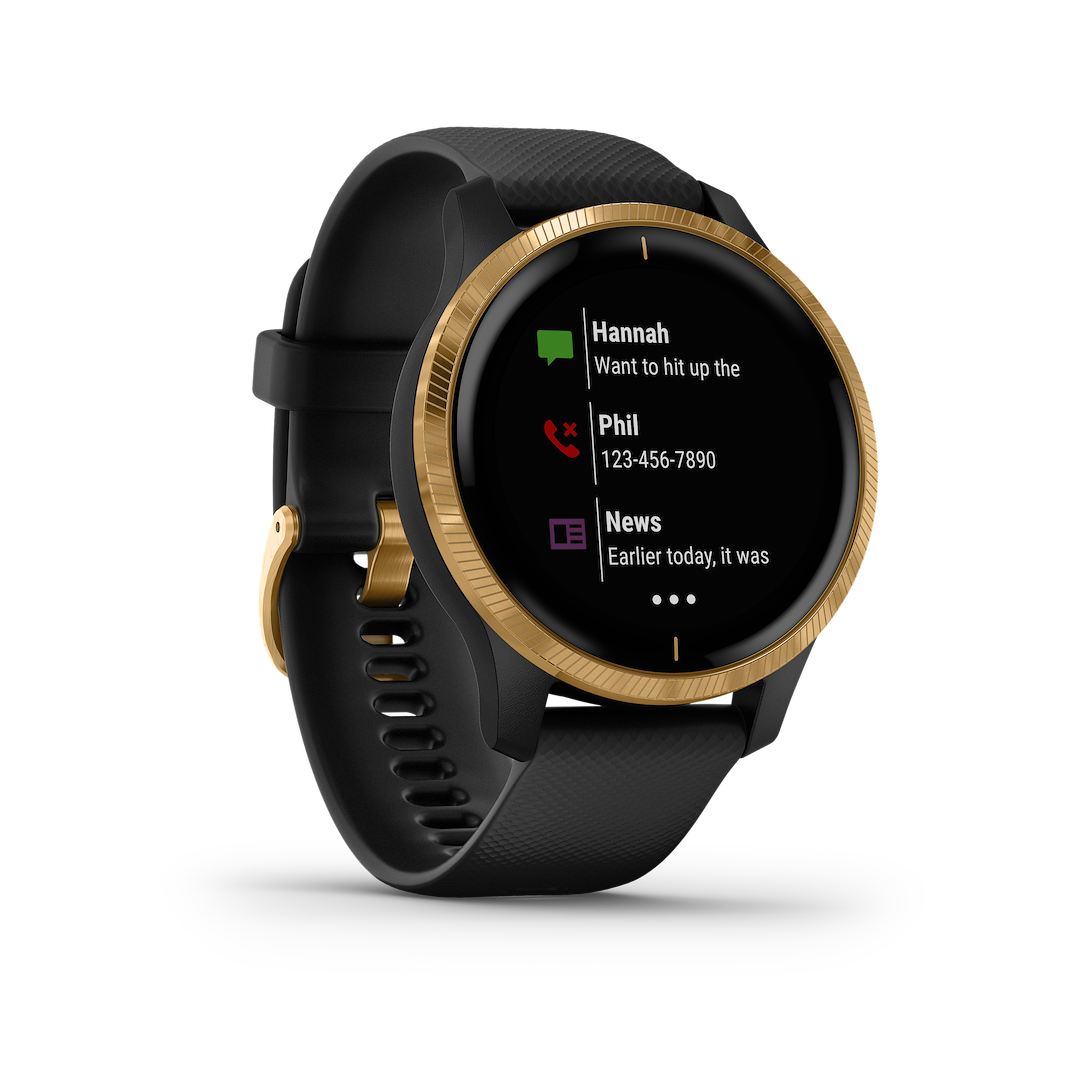 Garmin Noh GPS Watch, Venu® Noh, Sports Watch, 1.2 Inch Color Amoled Display, Black/ Gold Bezel, 5 Atm Rating Waterproof – 010-N2173-31