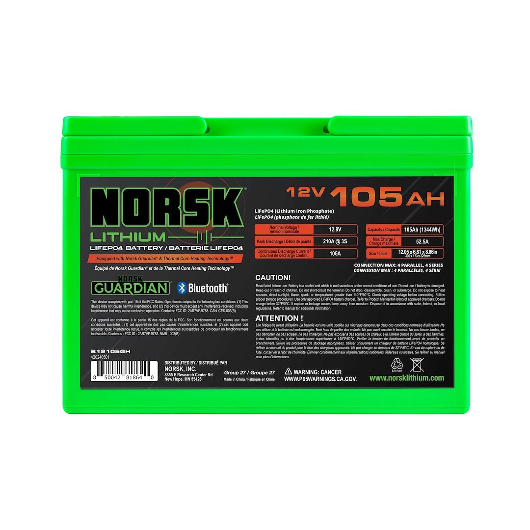 Norsk Inc Battery, Group 27, 12 Volt, M8 Threaded Stud Top Terminal, Lithium Iron Phosphate Style (LiFePO4), 12.04 Inch Length – B12105GH