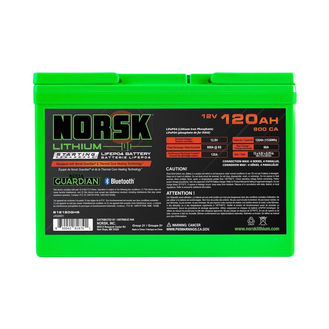 Norsk Inc Battery, Group 31, 12 Volt, M8 Threaded Stud Top Terminal, Lithium Iron Phosphate Style (LiFePO4), 13 Inch Length – B12120GHS