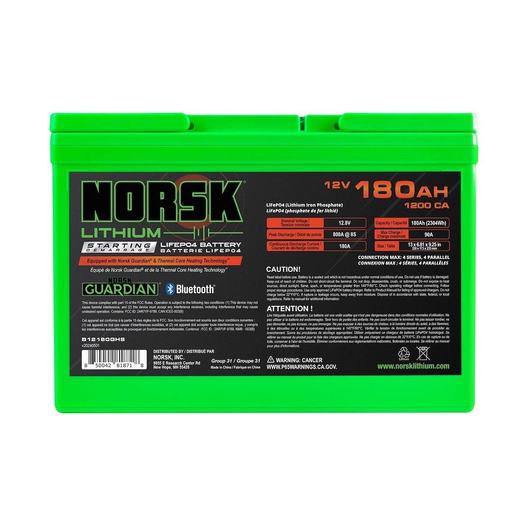 Norsk Inc Battery, Group 31, 12 Volt, M8 Threaded Stud Top Terminal, Lithium Iron Phosphate Style (LiFePO4), 13 Inch Length – B12180GHS