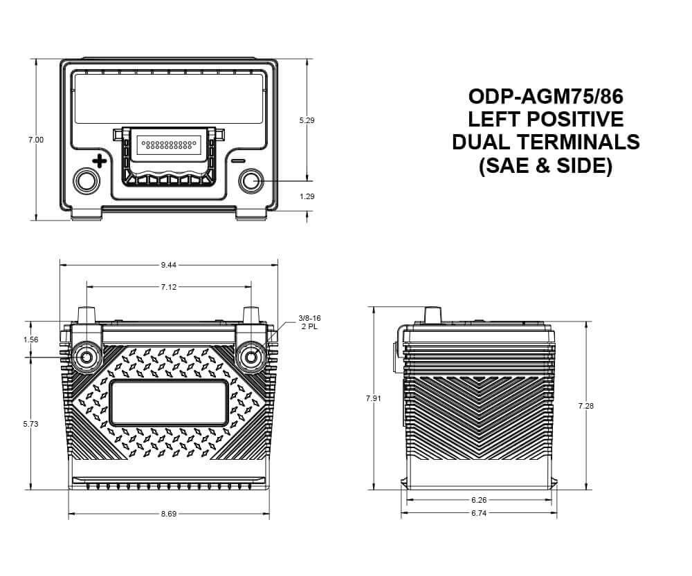 Odyssey Battery, Performance Series, 72 Bci Group Size, 12 Volt, 708 Cold Cranking Amps/ 1100 Pulse Hot Cranking Amps – ODP-AGM75 86