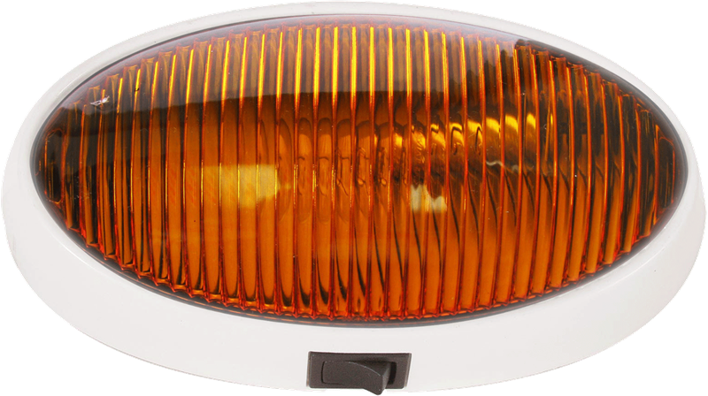 Optronics Porch Light, 1 Incandescent Bulb, 12.8 Volt, 6-1/4 Inch X 3-7/16 Inch Oval, Amber, Single, With Switch, White Housing – RVPL7AP