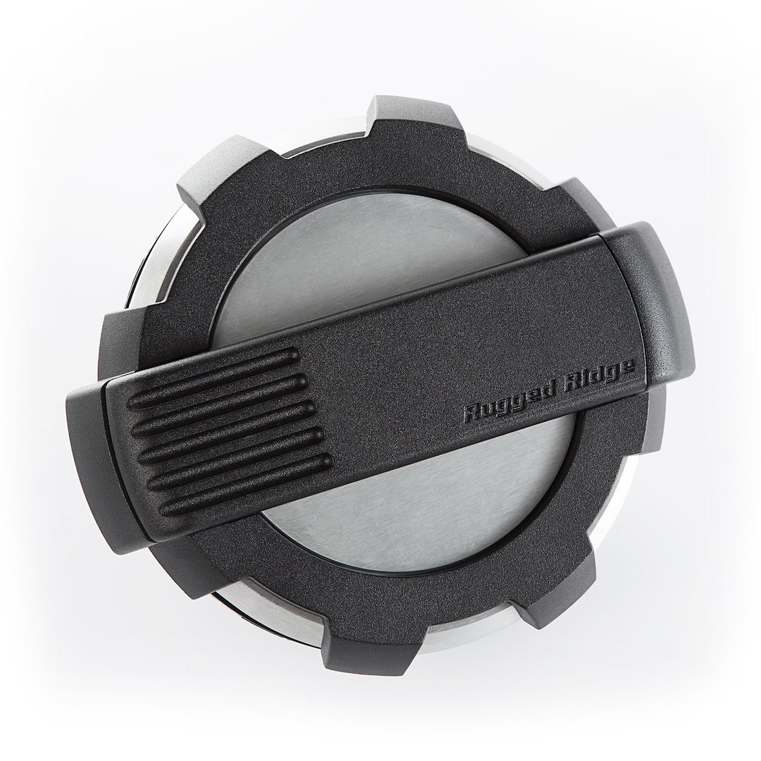 Rugged Ridge Fuel Door, Elite ™, Rugged Ridge Logo, Brushed Aluminum/ Black Accent, Non-Locking – 11425.10