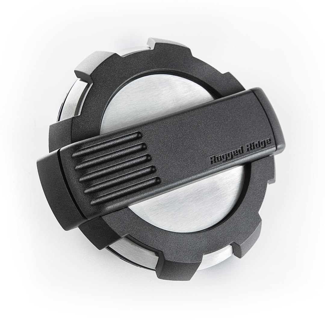 Rugged Ridge Fuel Door, Elite ™, Rugged Ridge Logo, Brushed Aluminum/ Black Accent, Non-Locking – 11425.10