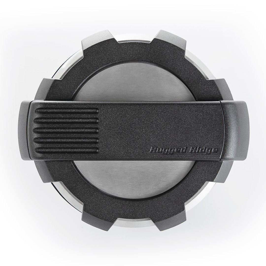 Rugged Ridge Fuel Door, Elite ™, Rugged Ridge Logo, Brushed Aluminum/ Black Accent, Non-Locking – 11425.10