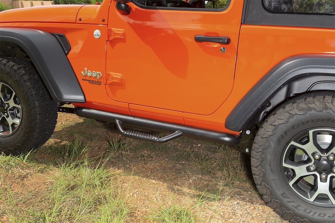 Rugged Ridge Nerf Bar, Spartan™, With Drop Down Steps, 3 Inch Round Bent, Powder Coated, Black, Steel, With End Caps – 11596.03