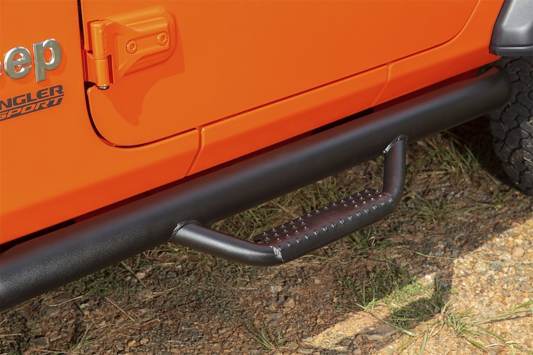 Rugged Ridge Nerf Bar, Spartan™, With Drop Down Steps, 3 Inch Round Bent, Powder Coated, Black, Steel, With End Caps – 11596.03