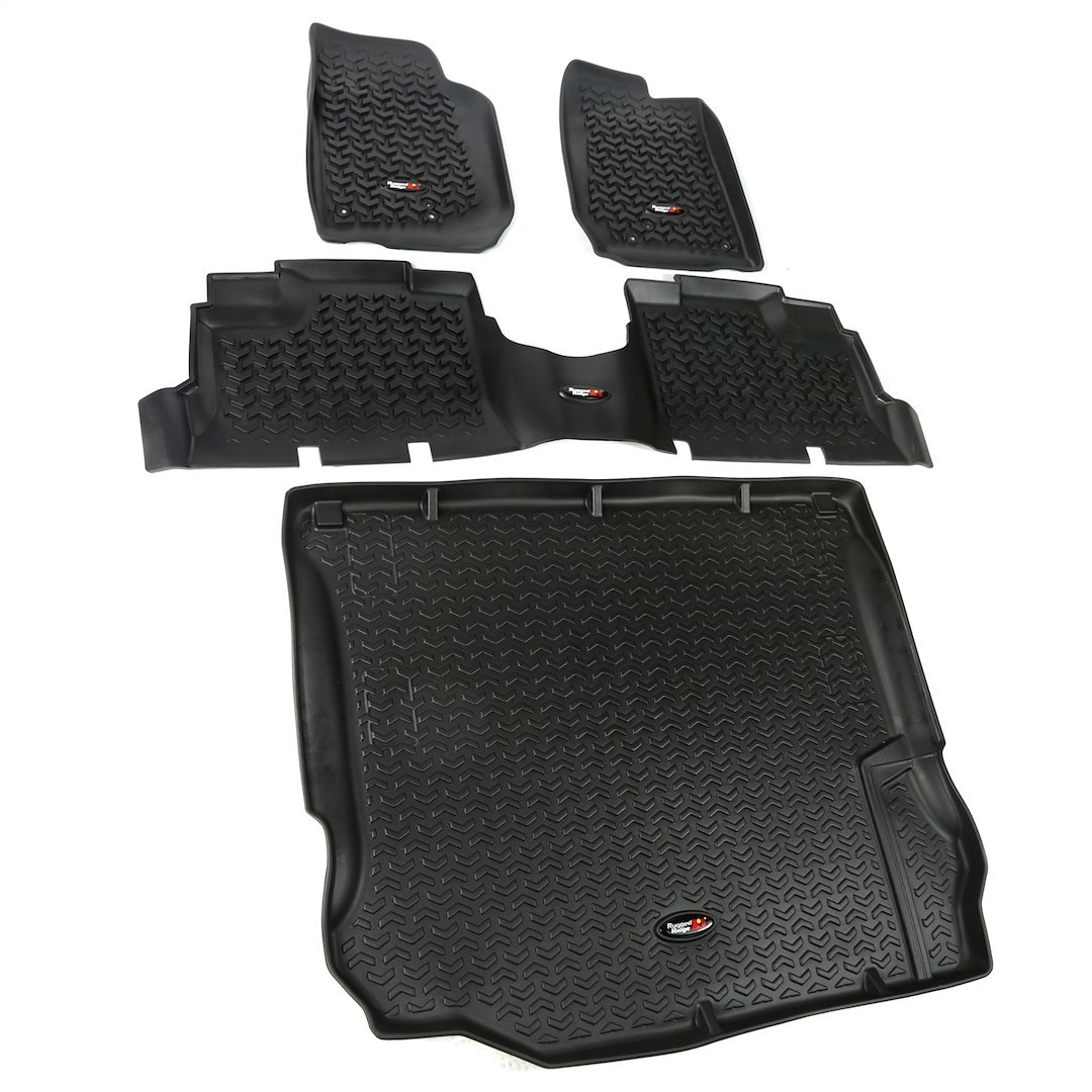 Rugged Ridge Floor Liner, All Terrain, Black, Molded Fit, Chevron Pattern, Thermoplastic, 3 Piece Set and Cargo Liner – 12988.04