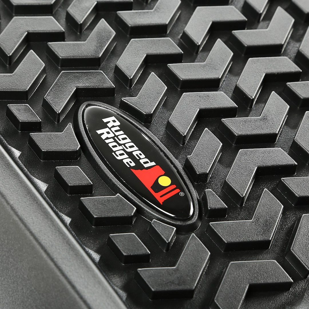 Rugged Ridge Floor Liner, All Terrain, Black, Molded Fit, Chevron Pattern, Thermoplastic, 3 Piece Set and Cargo Liner – 12988.04