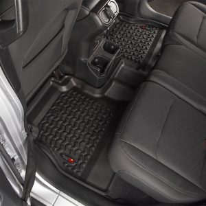 Rugged Ridge Floor Liner, Black, Molded Fit, Chevron-Shaped, Plastic, 3 Piece with Cargo Area Liner – 12988.05