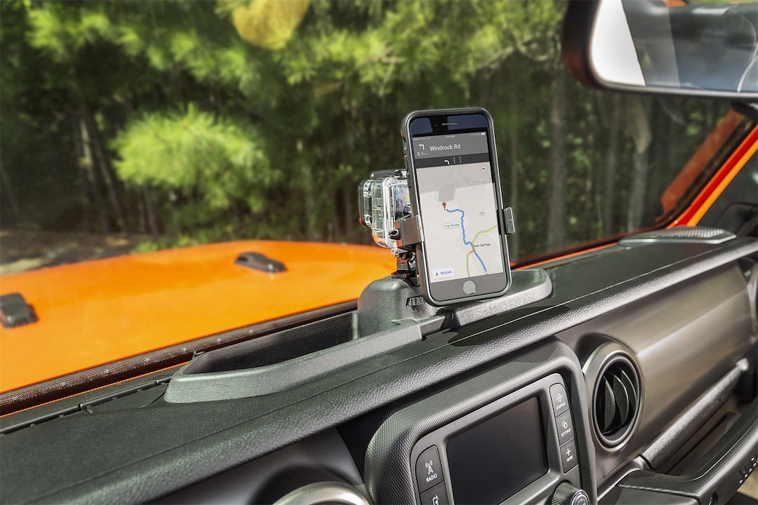 Rugged Ridge Cell Phone Mount, Dash Multi Mount, Black, Plastic, With Storage Tray/ Ball Mount/ Tripod Mount Screw – 13551.23
