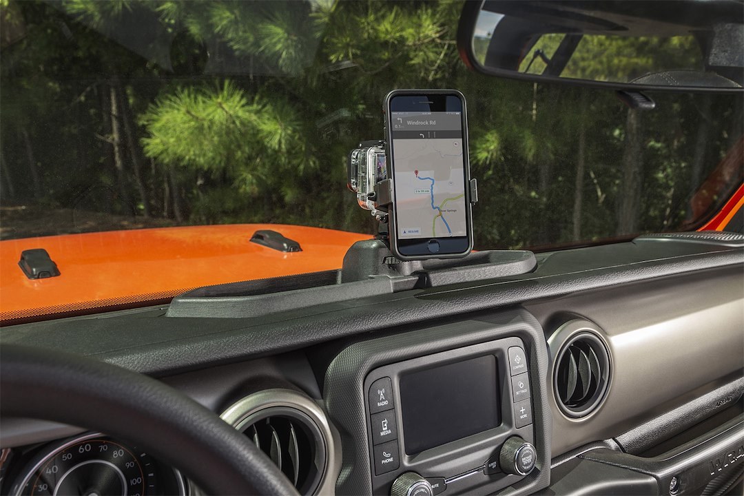 Rugged Ridge Cell Phone Mount, Dash Multi Mount, Black, Plastic, With Storage Tray/ Ball Mount/ Tripod Mount Screw – 13551.23