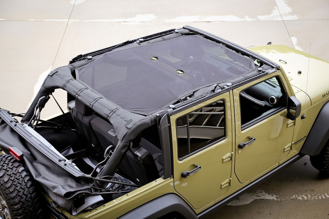 Rugged Ridge Bikini Top, Eclipse Sun Shade, Mounts to Windshield Loops and to Roll Bar, Black, See Through Mesh – 13579.05