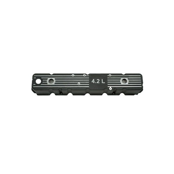 Omix-ADA Valve Cover, Amc 4.2 Liter, With Oil Fill Hole, With PVC Hole, With Raised 4.2L Stamp, Painted Black/ with Silver Lines, Aluminum – 17401.08