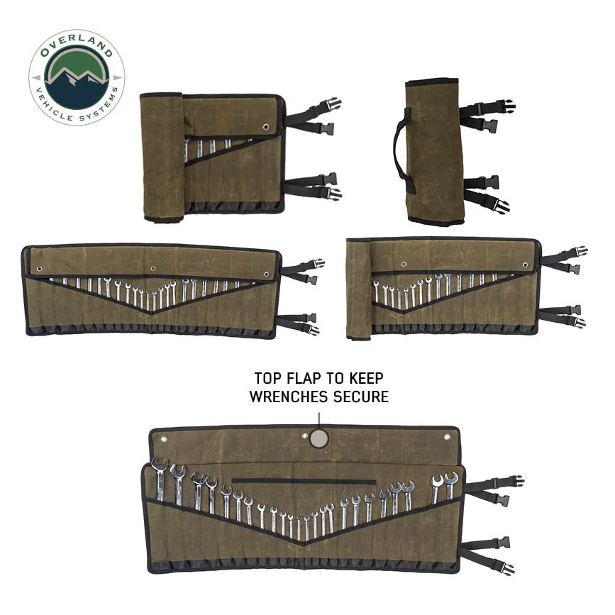 Overland Vehicle Systems Tool Bag, Holds 12 Wrenches, Brown, Canvas, Strap and Buckle Rollup – 21209941