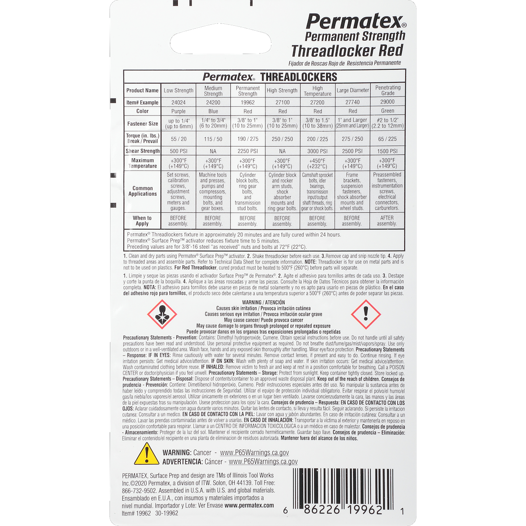 Permtx-Lockt Thread Sealant, Threadlocker, High Strength, Disassembly with Heat and Hand Tools, Red, 6 Milliliter Tube, Single – 19962