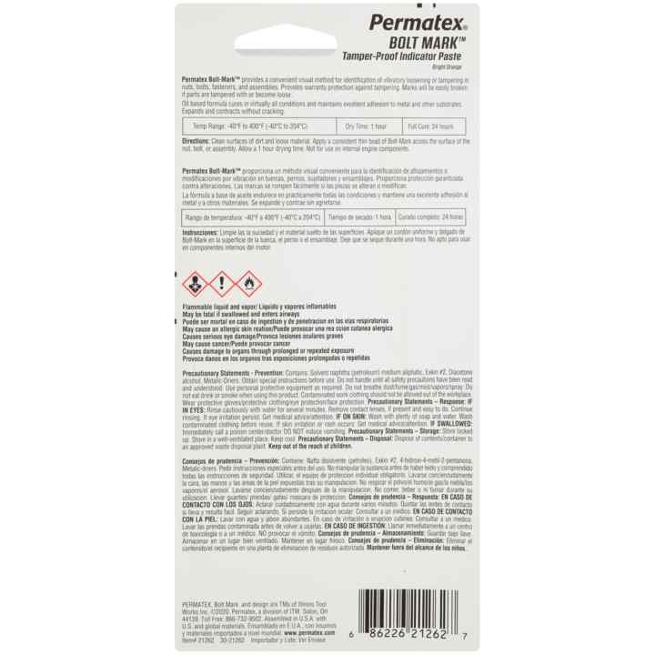 Permtx-Lockt Paint, Bolt Mark ™, For Identification of Vibratory Loosening or Tampering IN Nuts/ Bolts/ Fasteners/ Assemblies, Orange, Tube – 21262