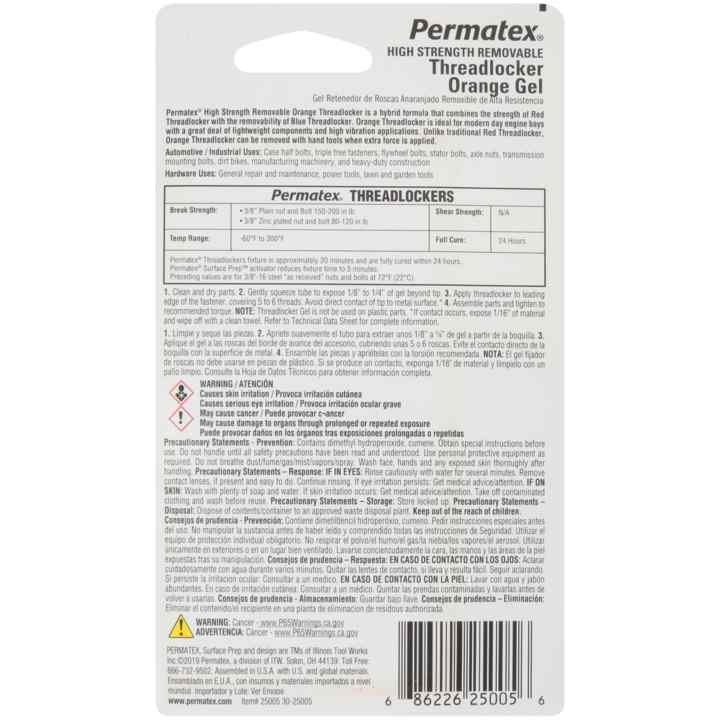 Permtx-Lockt Thread Sealant, Thread Locker, High Strength, Removable with Hand Tools, Orange, 18 Fluid Ounce Tube – 25005