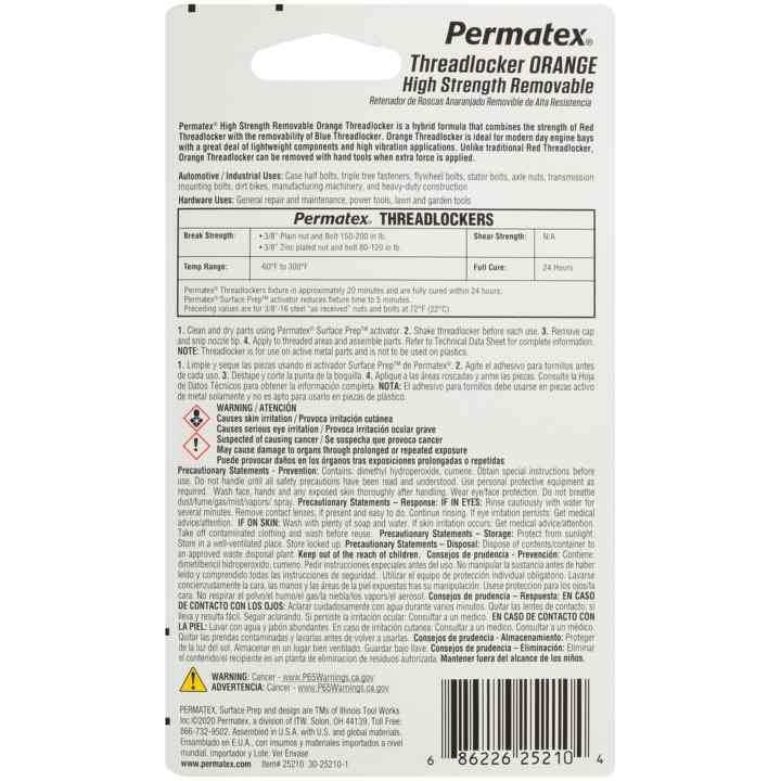 Permtx-Lockt Thread Sealant, Threadlocker, High Strength, Disassembles with Hand Tools, Orange, 0.34 Fluid Ounce Tube – 25210
