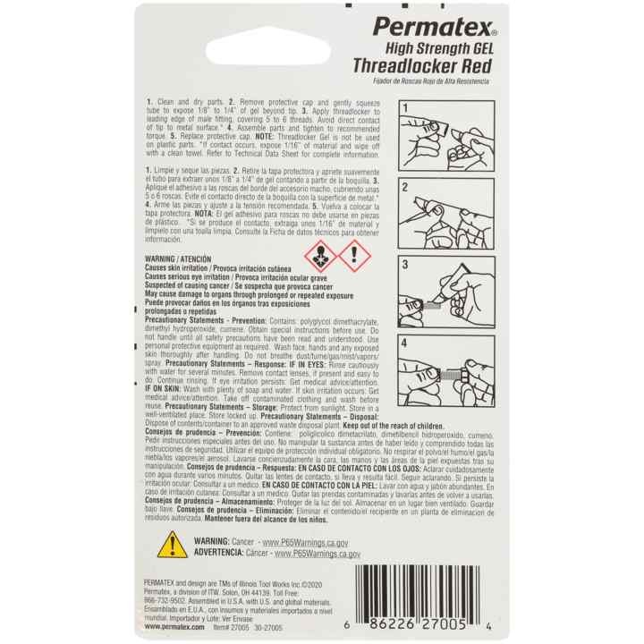 Permtx-Lockt Thread Sealant, Gel Squeeze ™, 5 Gram Tube, Red Gel, Squeeze Applicator, Carded Packaging – 27005