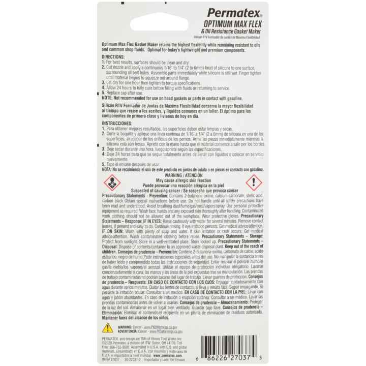 Permtx-Lockt Gasket Maker, Optimum ®, Used for High Flexibility and Maximum Oil Resistance, 3.35 Ounce Tube – 27037