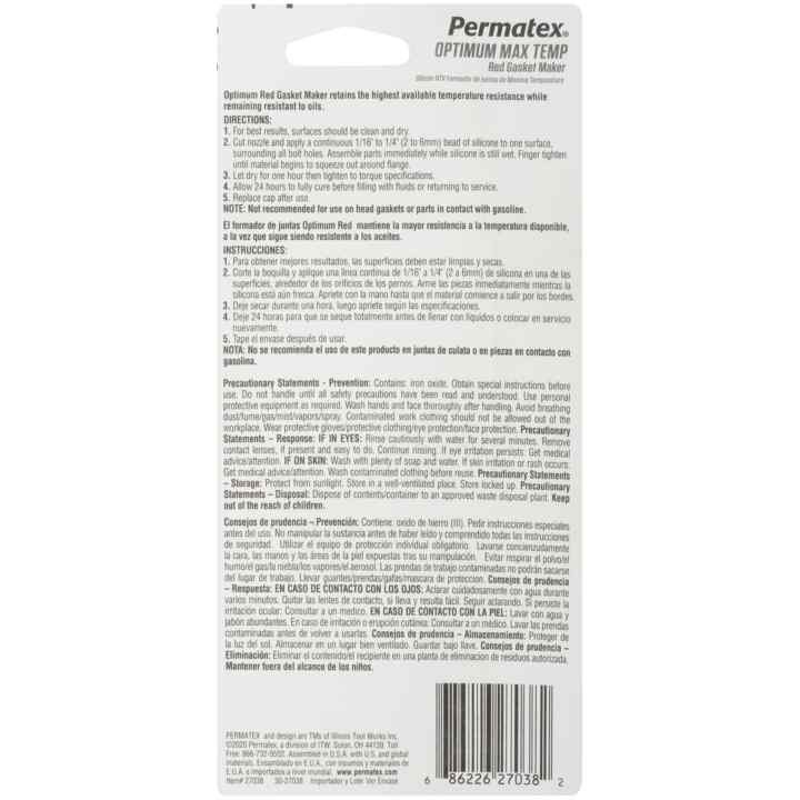 Permtx-Lockt Gasket Maker, Optimum ®, Used for Flexibility and Maximum Temperature Performance, 3.35 Ounce Tube – 27038