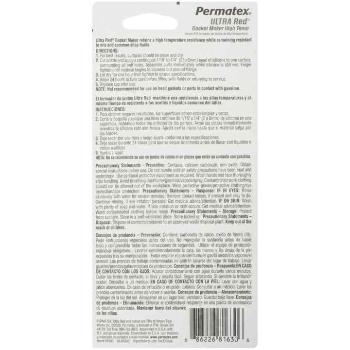 Permtx-Lockt Gasket Maker, Ultra Red ®, Used for Adhesion and High Temperature Performance, 3.35 Ounce Tube – 81630