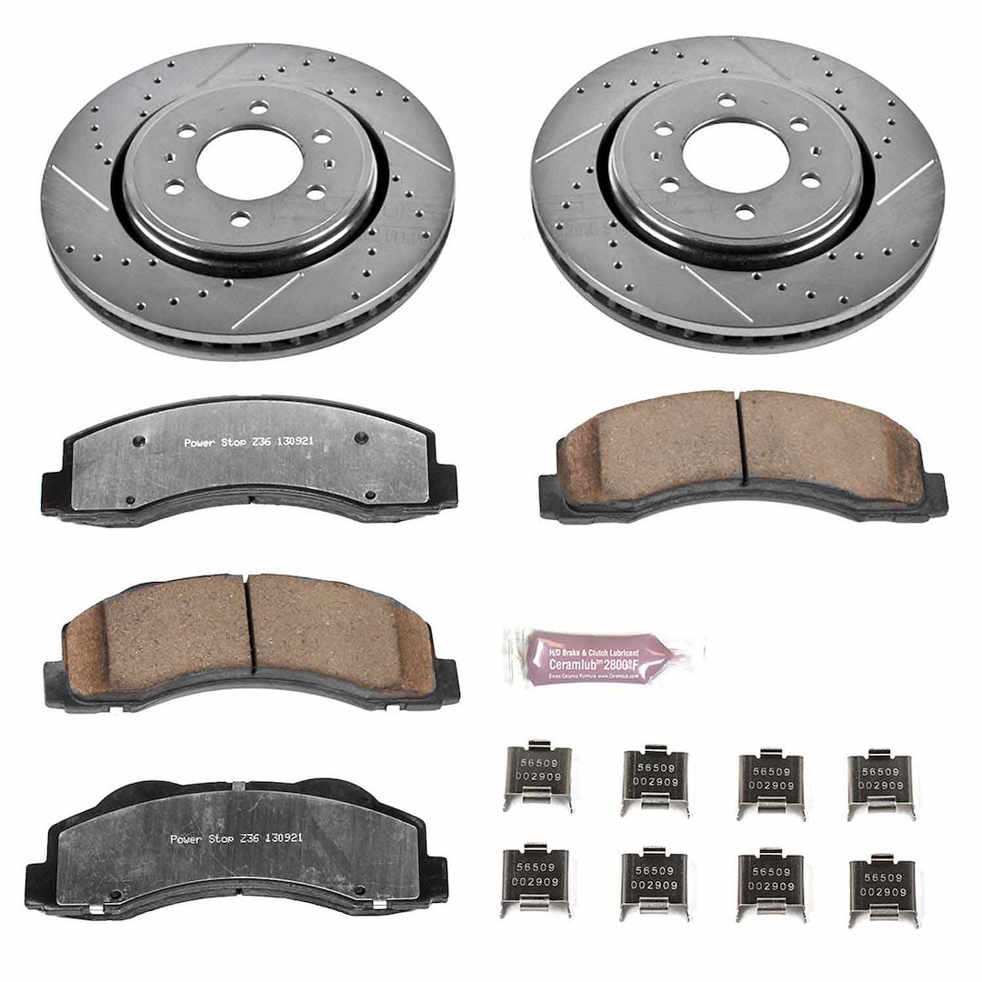 Power Stop Brake Kit, 1-Click Brake Kit, Z36 Extreme Carbon Fiber Ceramic Brake Pads, Silver Zinc Plated Cross-Drilled and Slotted Rotor – K3167-36