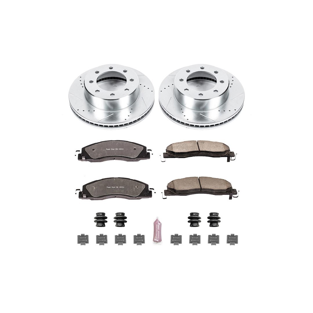 Power Stop Brake Kit, 1-Click Brake Kit, Z36 Extreme Carbon Fiber Ceramic Brake Pads, Silver Zinc Plated Cross-Drilled and Slotted Rotor – K5411-36