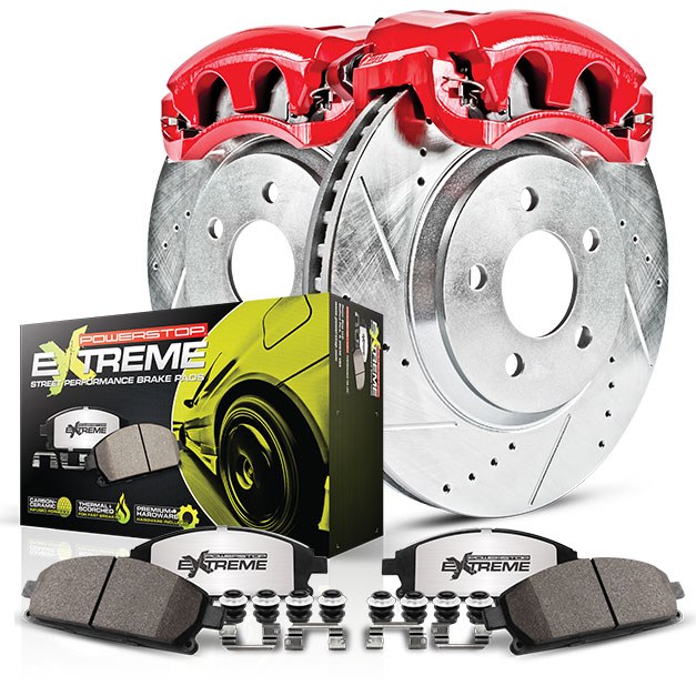 Power Stop Brake Kit, 1-Click Brake Kit, Z36 Extreme Carbon Fiber Ceramic Brake Pads, Silver Zinc Plated Cross-Drilled and Slotted Rotor – K5458-36