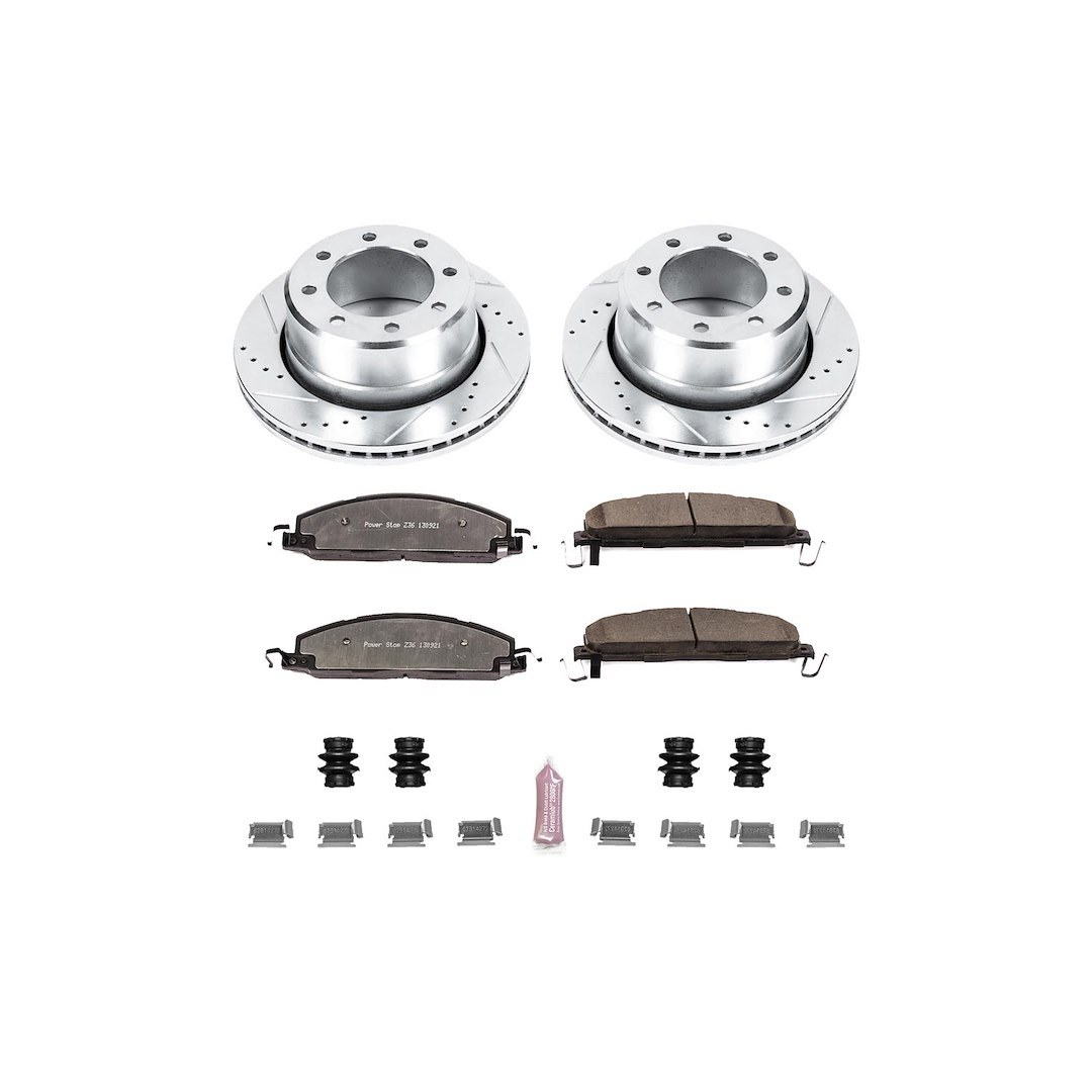 Power Stop Brake Kit, 1-Click Brake Kit, Z36 Extreme Carbon Fiber Ceramic Brake Pads, Silver Zinc Plated Cross-Drilled and Slotted Rotor – K5487-36