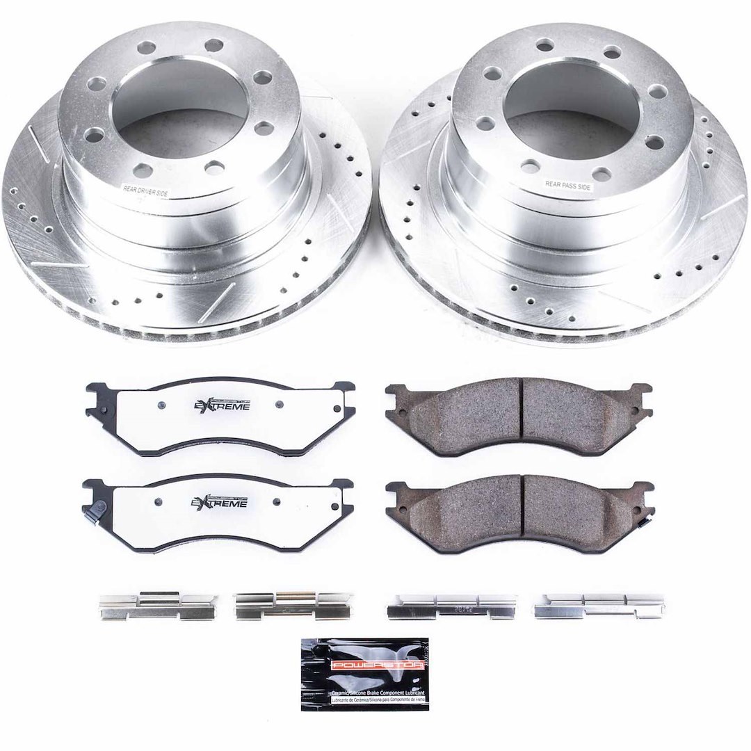 Power Stop Brake Kit, 1-Click Brake Kit, Z36 Extreme Carbon Fiber Ceramic Brake Pads, Silver Zinc Plated Cross-Drilled and Slotted Rotor – K5490-36