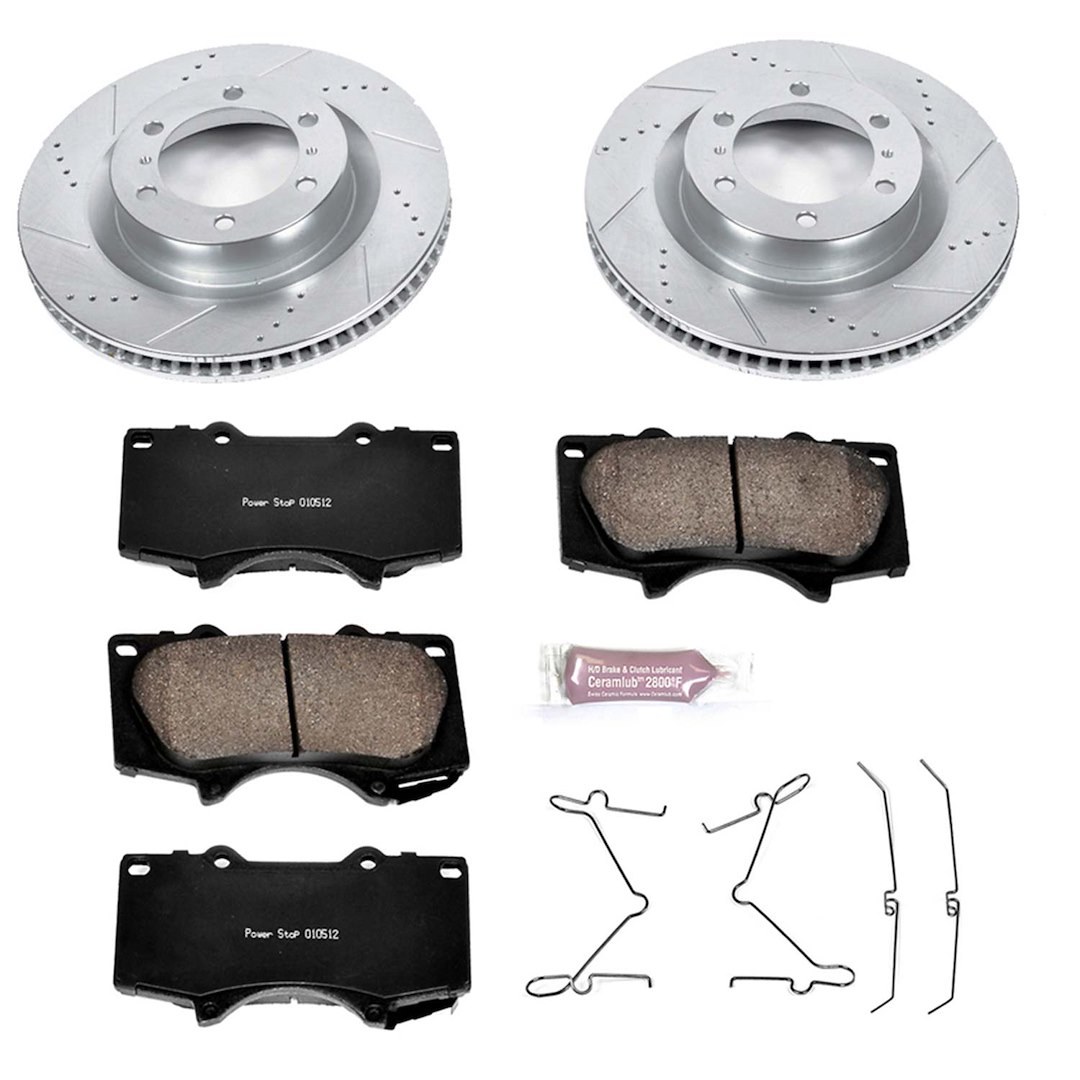 Power Stop Brake Kit, 1-Click Brake Kit, Evolution Sport Carbon Fiber Ceramic Brake Pads, Silver Zinc Plated Cross-Drilled and Slotted Rotor – K5873
