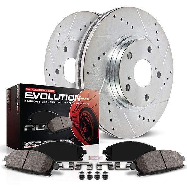 Power Stop Brake Kit, 1-Click Brake Kit, Evolution Sport Carbon Fiber Ceramic Brake Pads, Silver Zinc Plated Cross-Drilled and Slotted Rotor – K5873