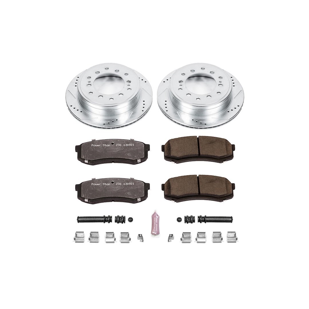 Power Stop Brake Kit, 1-Click Brake Kit, Z36 Extreme Carbon Fiber Ceramic Brake Pads, Silver Zinc Plated Cross-Drilled and Slotted Rotor – K5875-36