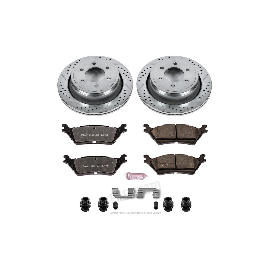 Power Stop Brake Kit, 1-Click Brake Kit, Z36 Extreme Carbon Fiber Ceramic Brake Pads, Silver Zinc Plated Cross-Drilled and Slotted Rotor – K6271-36