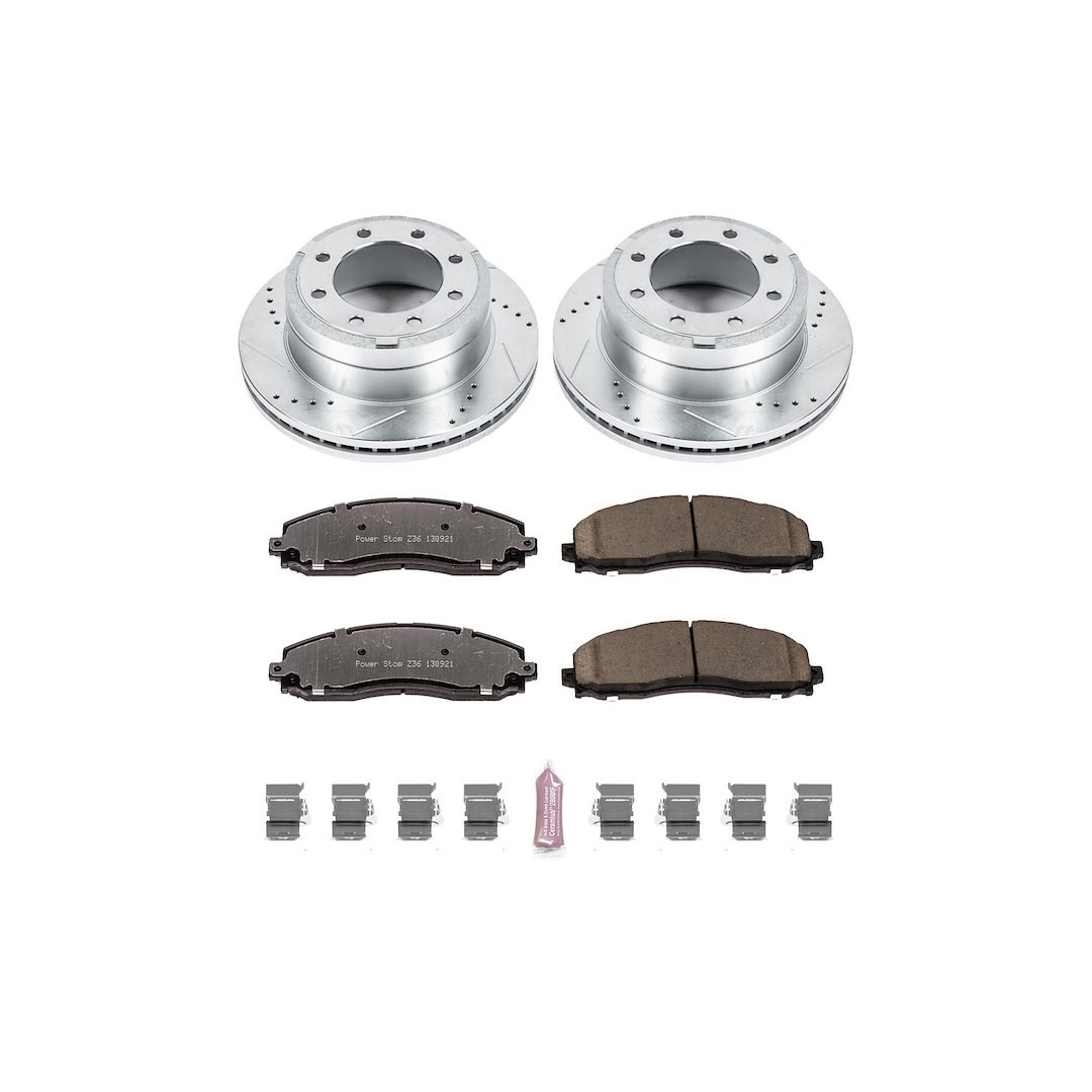 Power Stop Brake Kit, 1-Click Brake Kit, Z36 Extreme Carbon Fiber Ceramic Brake Pads, Silver Zinc Plated Cross-Drilled and Slotted Rotor – K6407-36