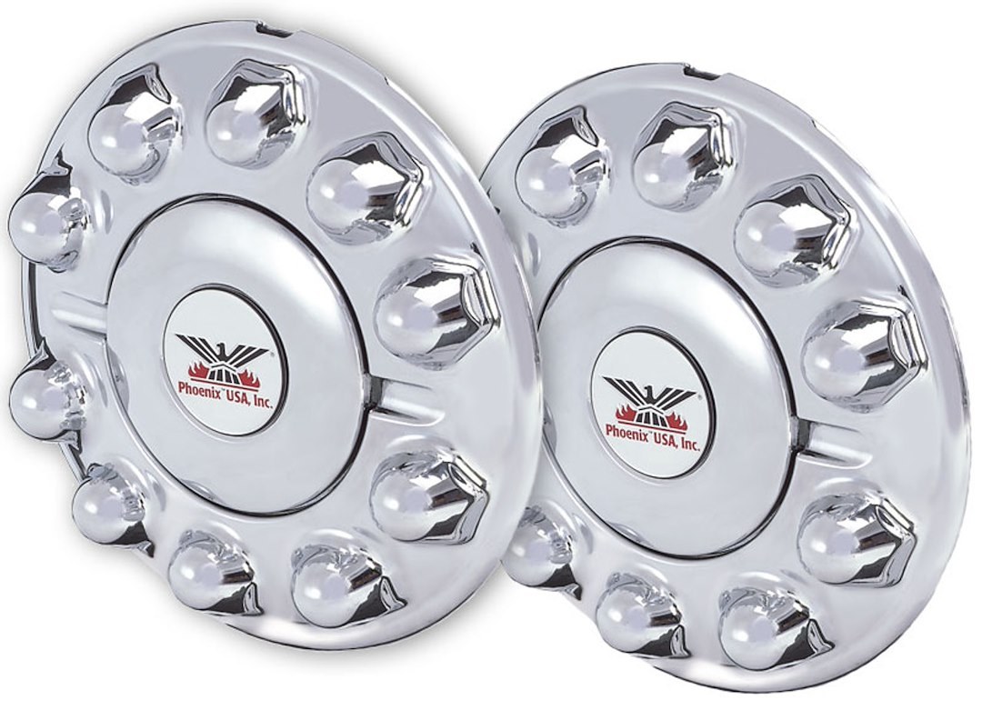 Phoenix USA Wheel Simulator Axle Cover, Quicktrim, Fits Heavy Duty 10 Lug Wheels, Front, Chrome Plated, ABS Plastic – QH1200AS