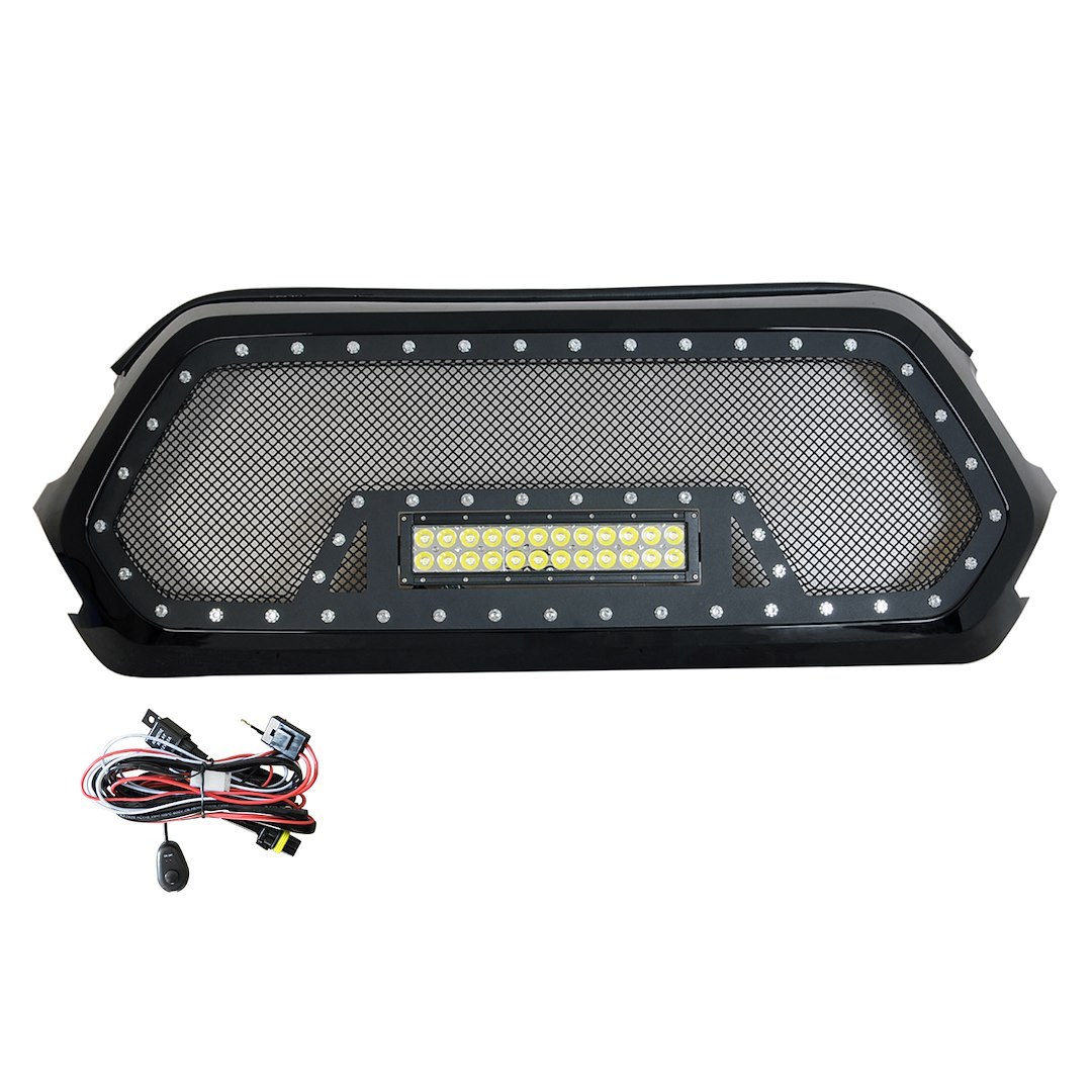 Paramount Grille, Evolution Series, Wire Mesh Style, Without Cutouts, With LED Lights, Powder Coated, Black, Stainless Steel – 48-0856