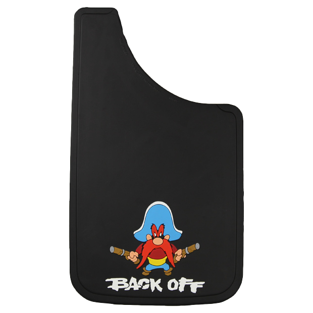 Plasticolor Mud Flap, Universal 11 X 19 Inch, Set of 2, Flat, Yosemite Sam/Back Off, Black, Fiberglass Reinforced, Screw on – 000502C01
