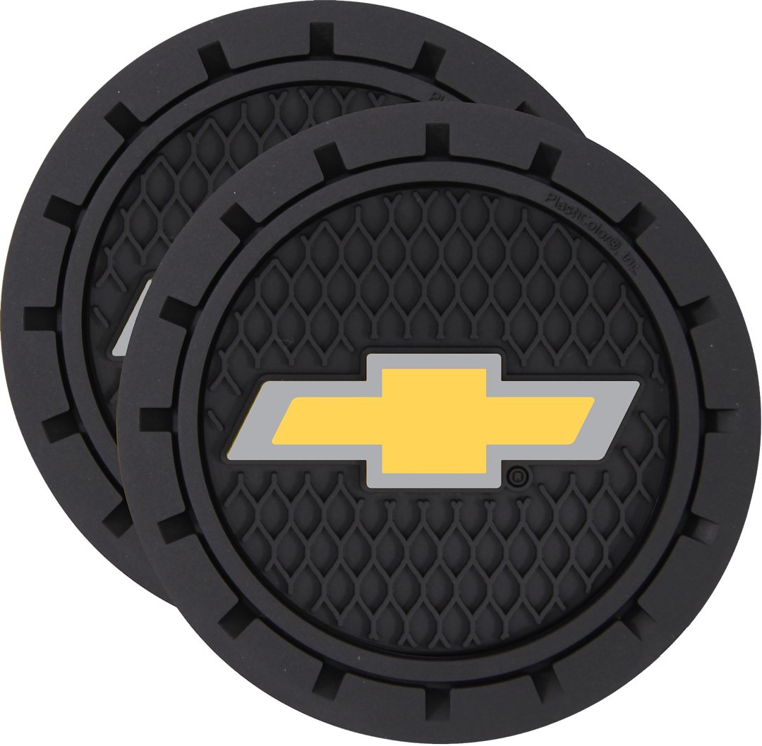 Plasticolor Beverage Coaster, Round with Chevy Gold Bowtie, Black PVC, Without Coaster Holder, Set of 2 – 000648R01