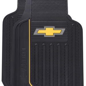 Plasticolor Floor Mat, Elite Series, Universal 31 Inch Length X 18 Inch Width X 1 Inch Blue Gold Chevy Bowtie with Gold Stripe, Black – 001620R03