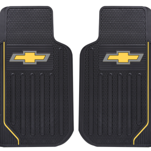 Plasticolor Floor Mat, Elite Series, Universal 31 Inch Length X 18 Inch Width X 1 Inch Blue Gold Chevy Bowtie with Gold Stripe, Black – 001620R03