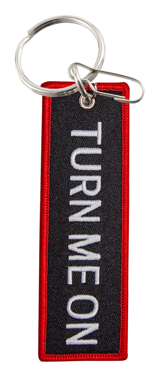 Plasticolor Key Chain, Turn Me on White Embroidered, Black Strap with Red Borders, Woven, With Heavy Duty Chrome Plated Split Ring – 004511R01