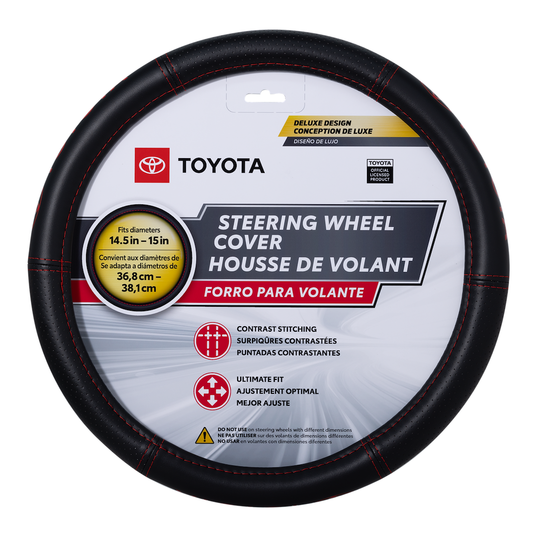 Plasticolor Steering Wheel Cover, Deluxe, For 14-1/2 to 15 Inch Wheels, Toyota Ellipes Logo and Red Contrast Stitching, Black, Leather – 006498R01