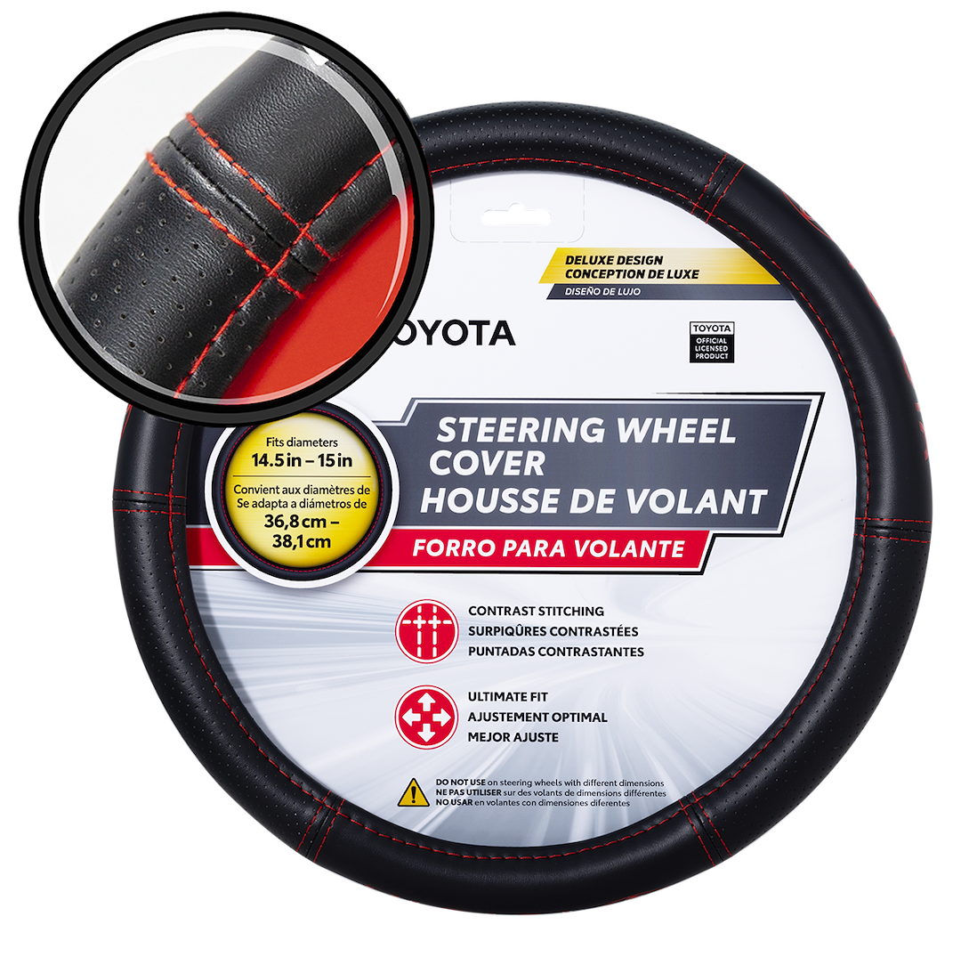 Plasticolor Steering Wheel Cover, Deluxe, For 14-1/2 to 15 Inch Wheels, Toyota Ellipes Logo and Red Contrast Stitching, Black, Leather – 006498R01