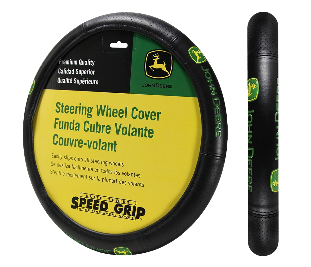 Plasticolor Steering Wheel Cover, Elite Series, For 14-1/2 to 15-1/2 Inch Wheels, Green/ Yellow John Deere Logo, Black, Rubber – 006624R01