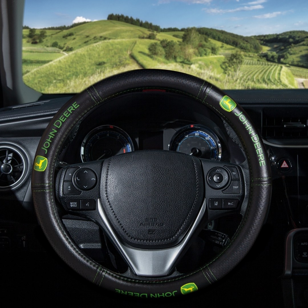 Plasticolor Steering Wheel Cover, Elite Series, For 14-1/2 to 15-1/2 Inch Wheels, Green/ Yellow John Deere Logo, Black, Rubber – 006624R01