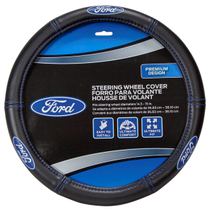 Plasticolor Steering Wheel Cover, For 14-1/2 to 15 Inch Wheels, Ford Oval Logo with Blue Contrast Stitching, Black, Leather – 006692R01